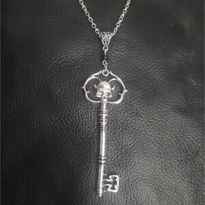 Skull with horns skeleton key silver tone necklace